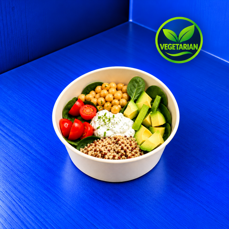 Juliette Fitness Salad with quinoa, avocado, spinach, cucumber, chickpeas, cherry tomatoes and cottage cheese. Juliette Fitness Salat mit Quinoa, Avocado, Spinat, Gurken, Kichererbsen, Cherrytomaten und Hüttenkäse. Salade Fitness Juliette au quinoa, avocat, épinards, concombre, pois chiches, tomates cerises et cottage cheese.
