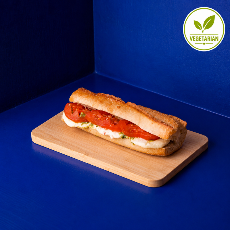Vegetarian caprese sandwich with mozzarella, tomatoes, pesto in a homemade french baguette