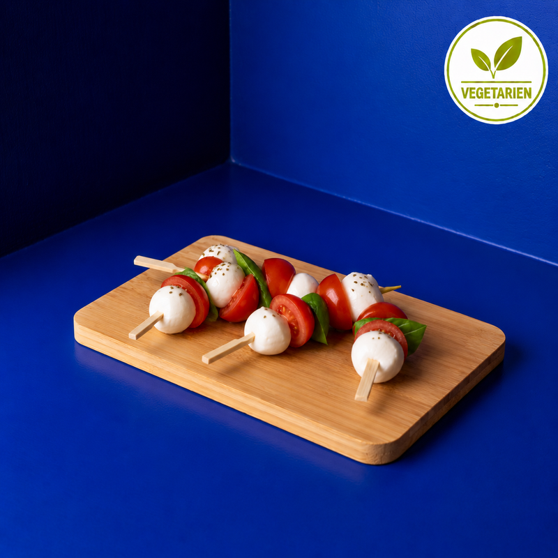 Vegetarian homemade fresh Italian skewers with cherry-tomatoes, mozzarella and basil