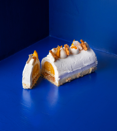 exotic Yule log, tropical Yule log cake, mango passion fruit Yule log, coconut Yule log, Christmas cake, holiday dessert, festive bûche de Noël, winter exotic dessert